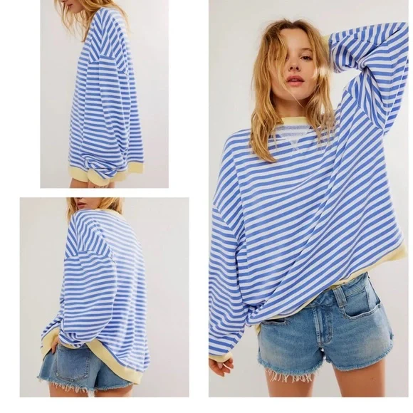 HOST PICK 🎉 NWT💙FREE PEOPLE CLASSIC STRIPE OVERSIZED CREWNECK - Picture 3 of 4